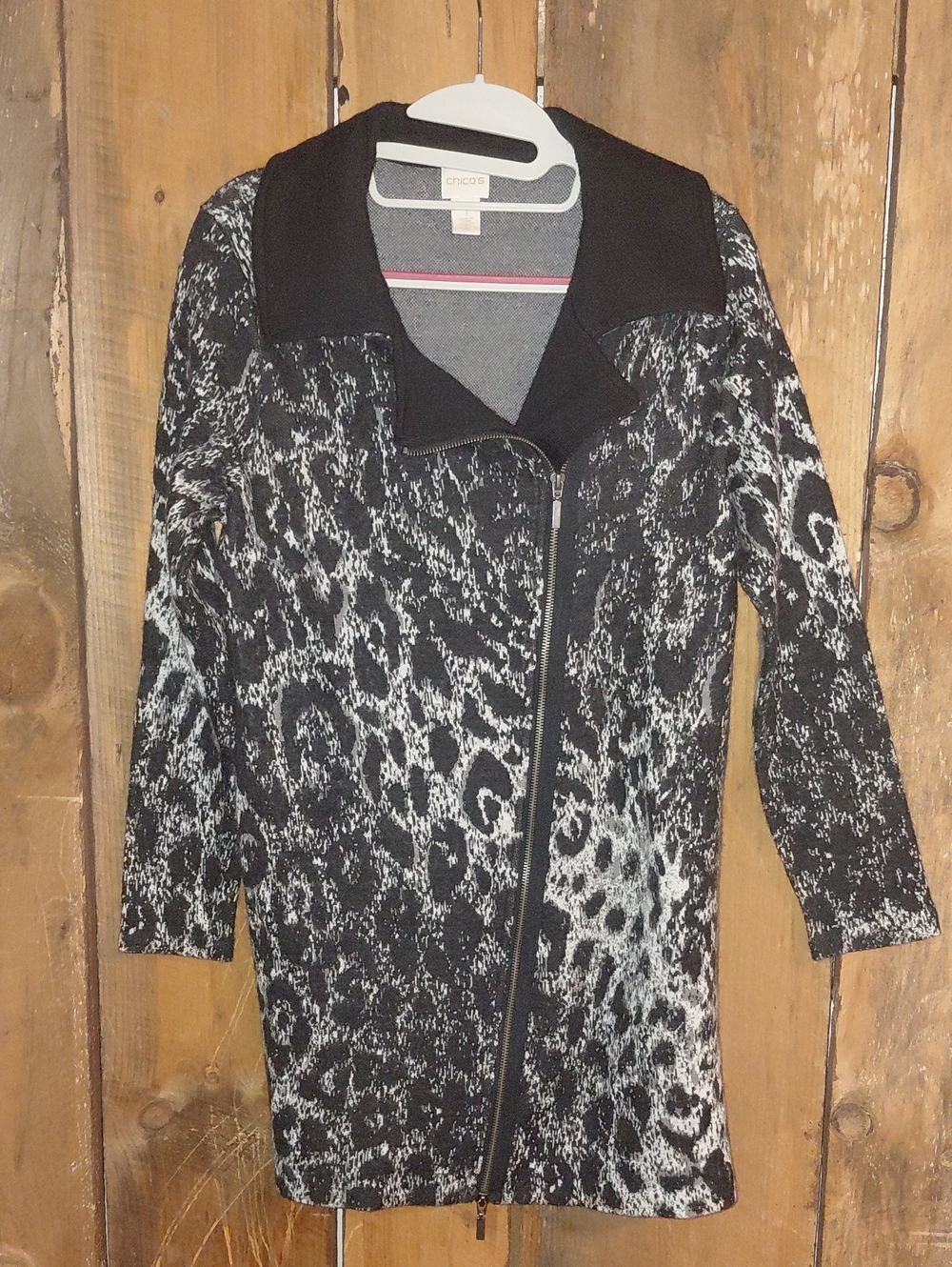 Chico's Black and Gray Animal-Print Zip Front Cardigan
